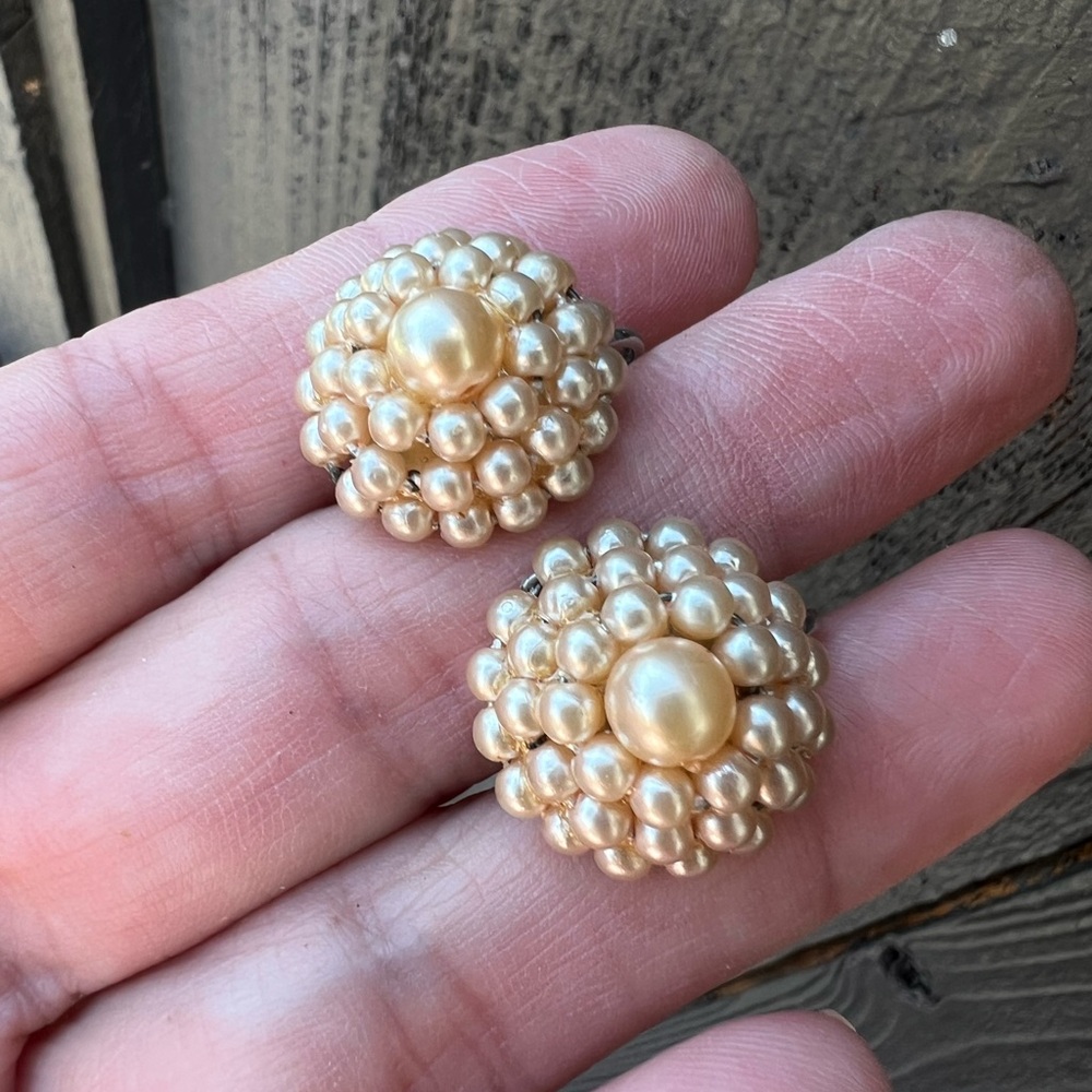 Signed Triad Faux Pearl Cluster Earrings - Screw back Vintage Estate Jewelry